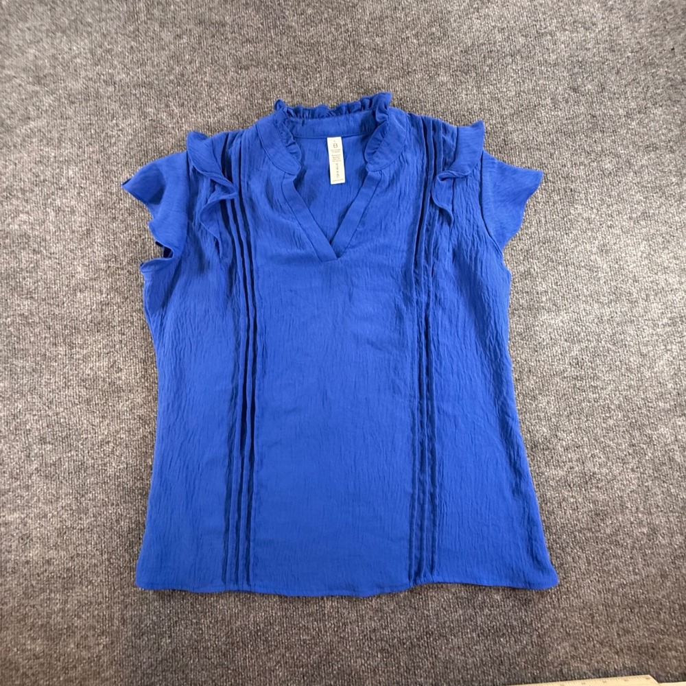 B. Royal Blue Ruffle Sleeve Pintuck V-Neck Blouse Top Large